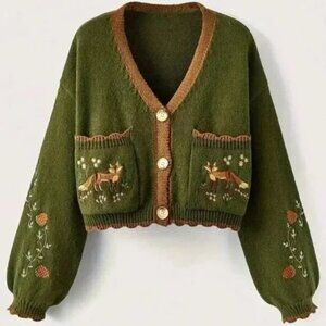 Button Up Fox Nature Army Green Cardigan With Pockets